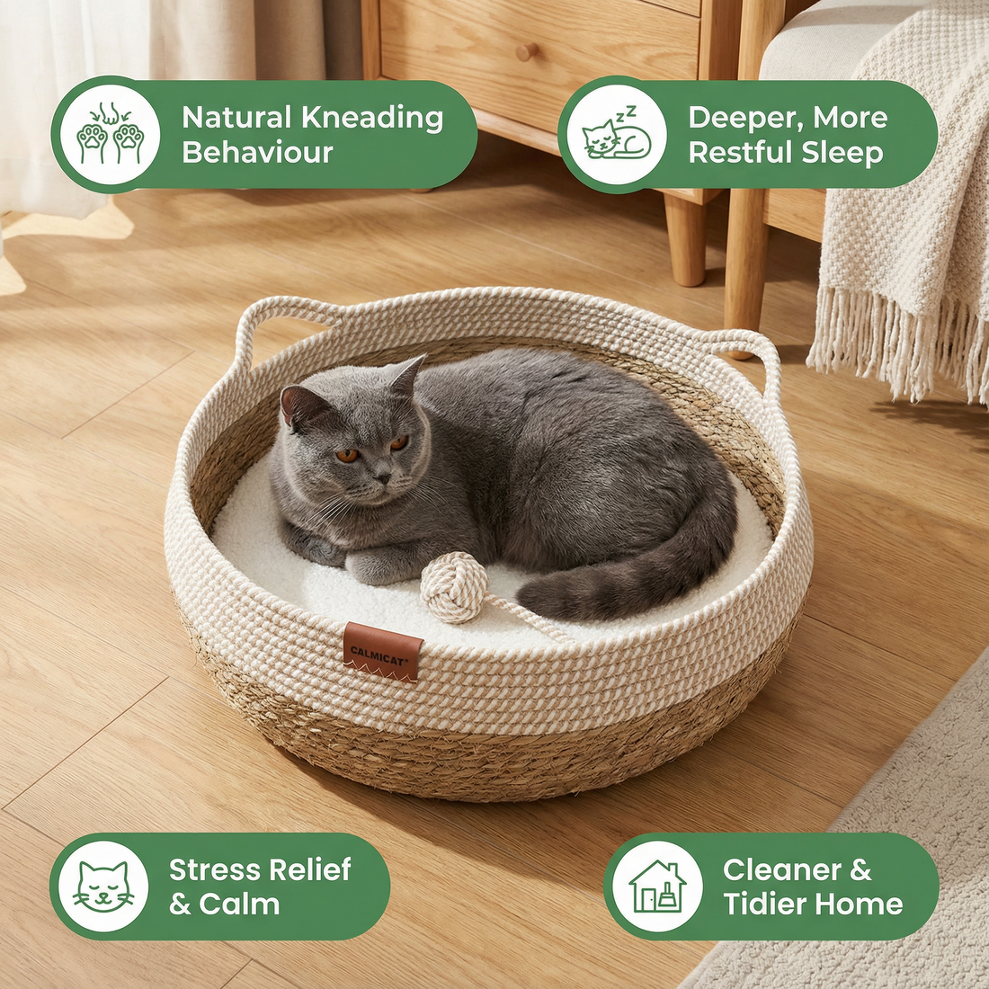 CalmiCat™ Instinct Cat Basket Bed (For Cats Who Ignore Beds)
