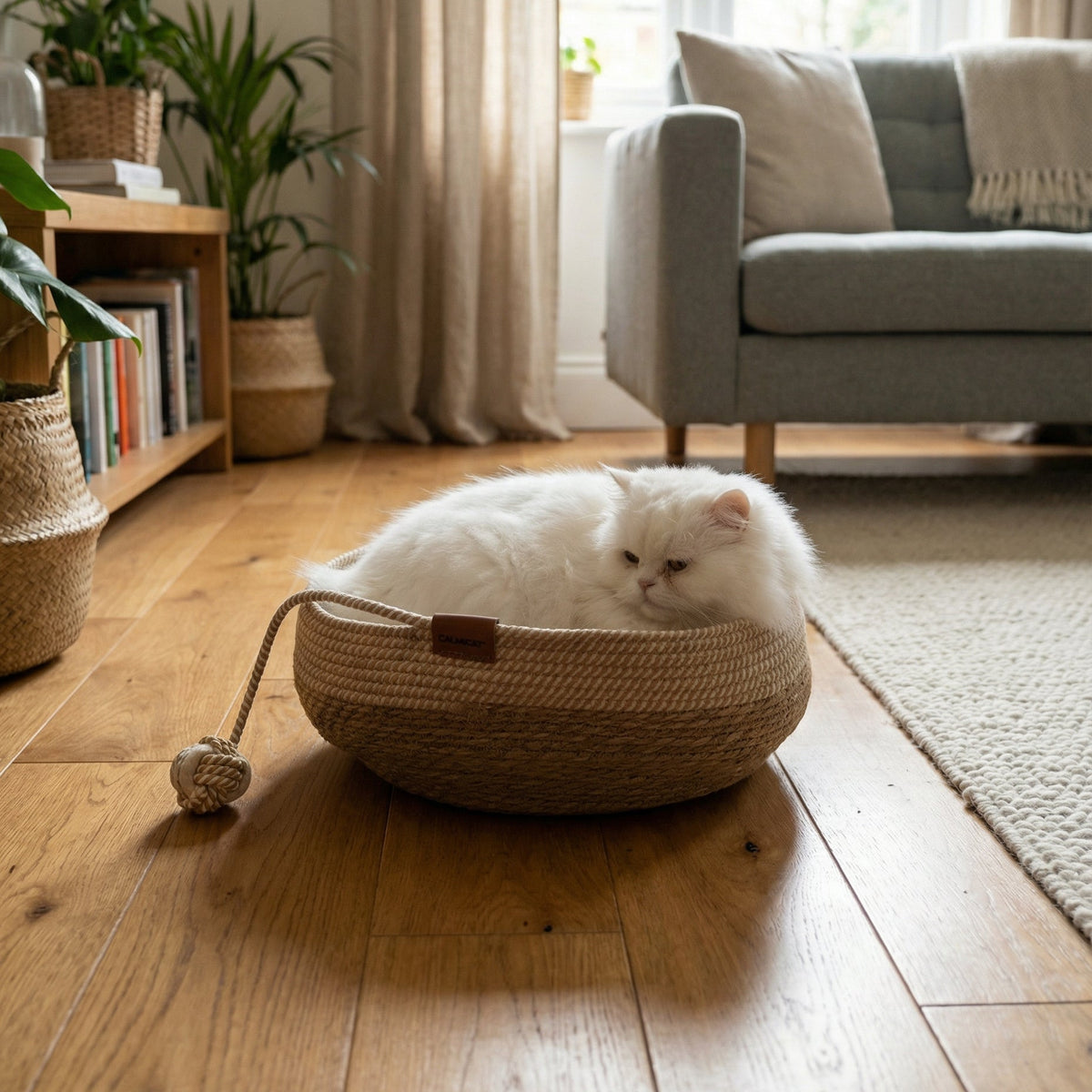 Cat sleeping comfortably in handwoven CalmiCat natural rope basket bed