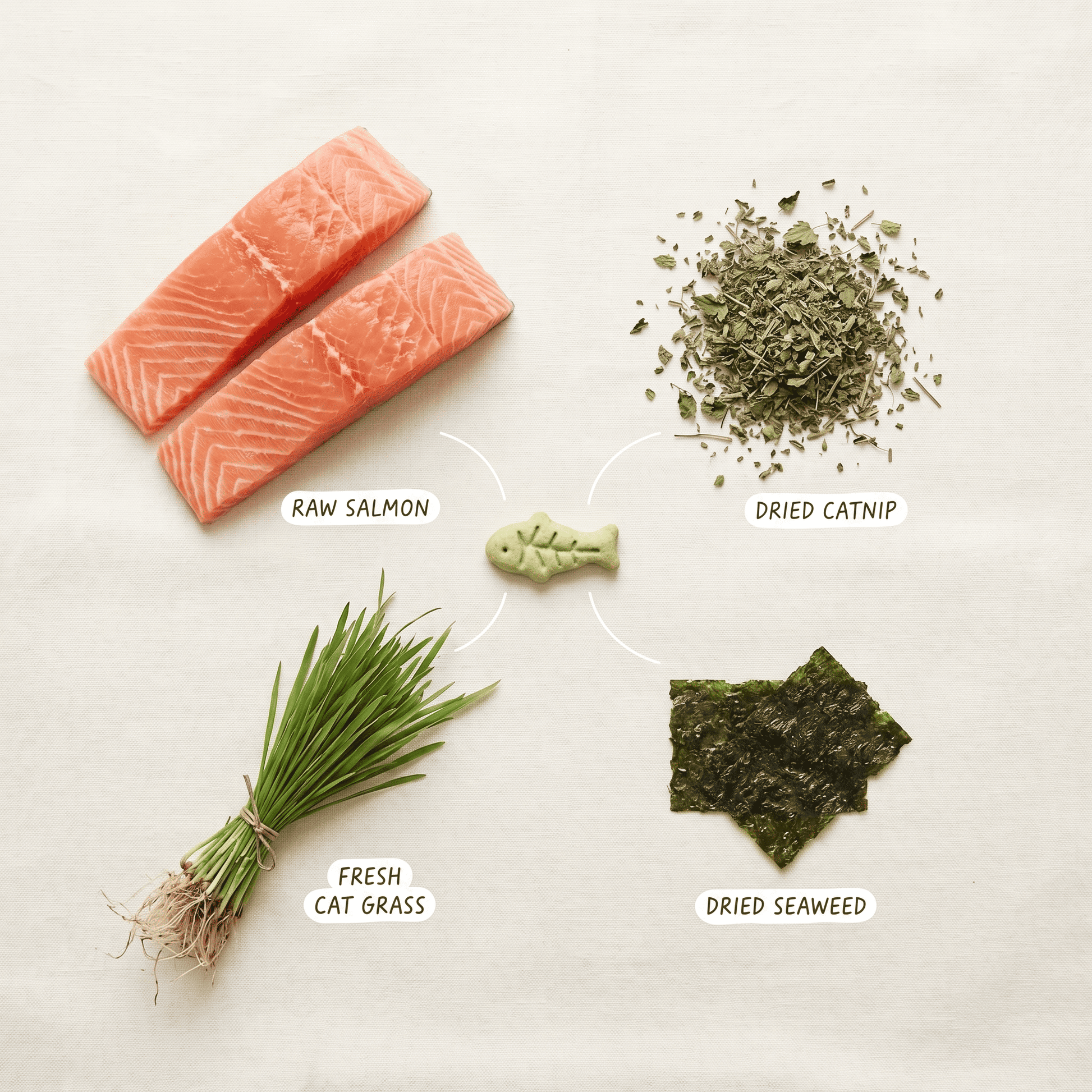 CalmiCat treat ingredients including salmon, catnip, seaweed, and cat grass