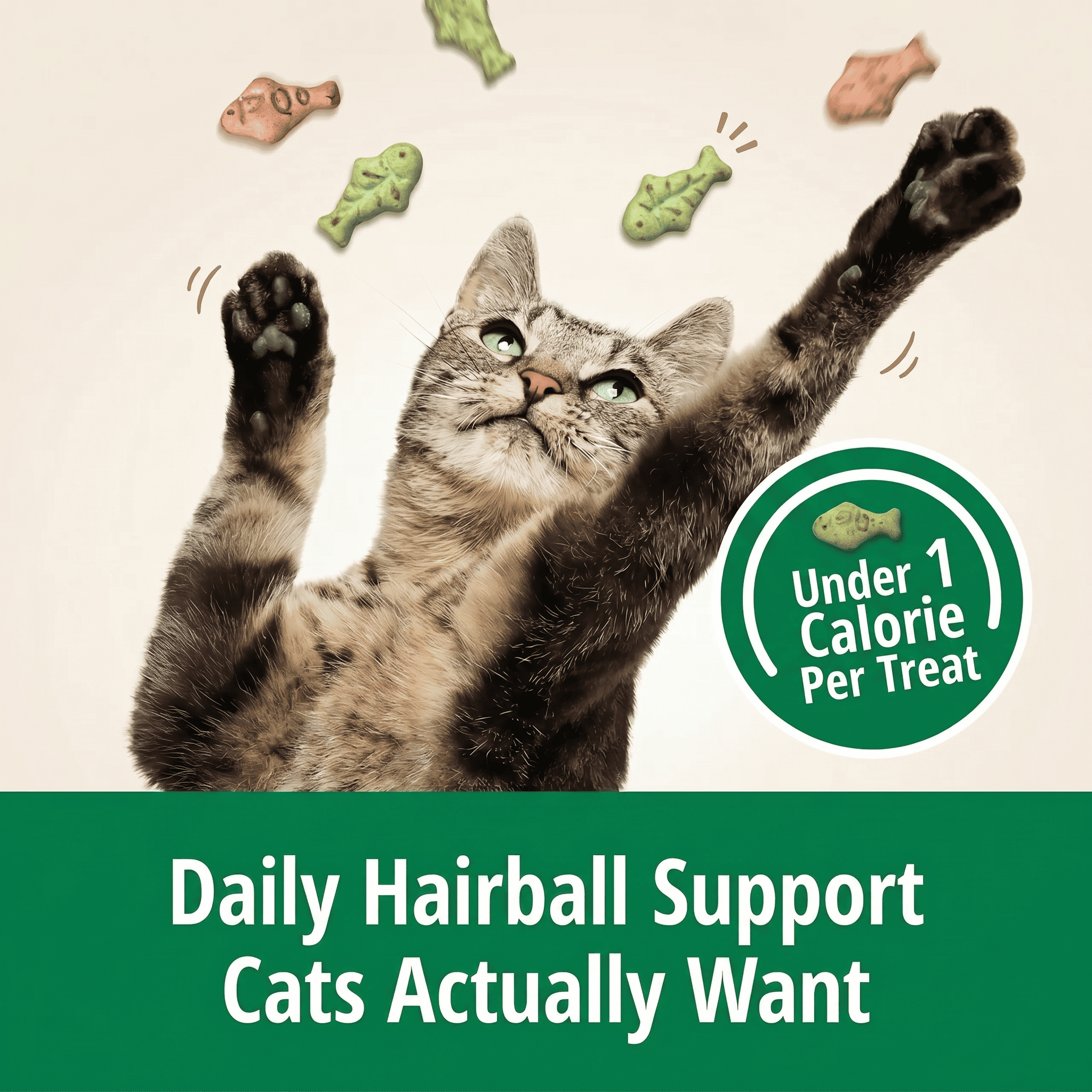 Cat reaching for CalmiCat treats with daily hairball support message