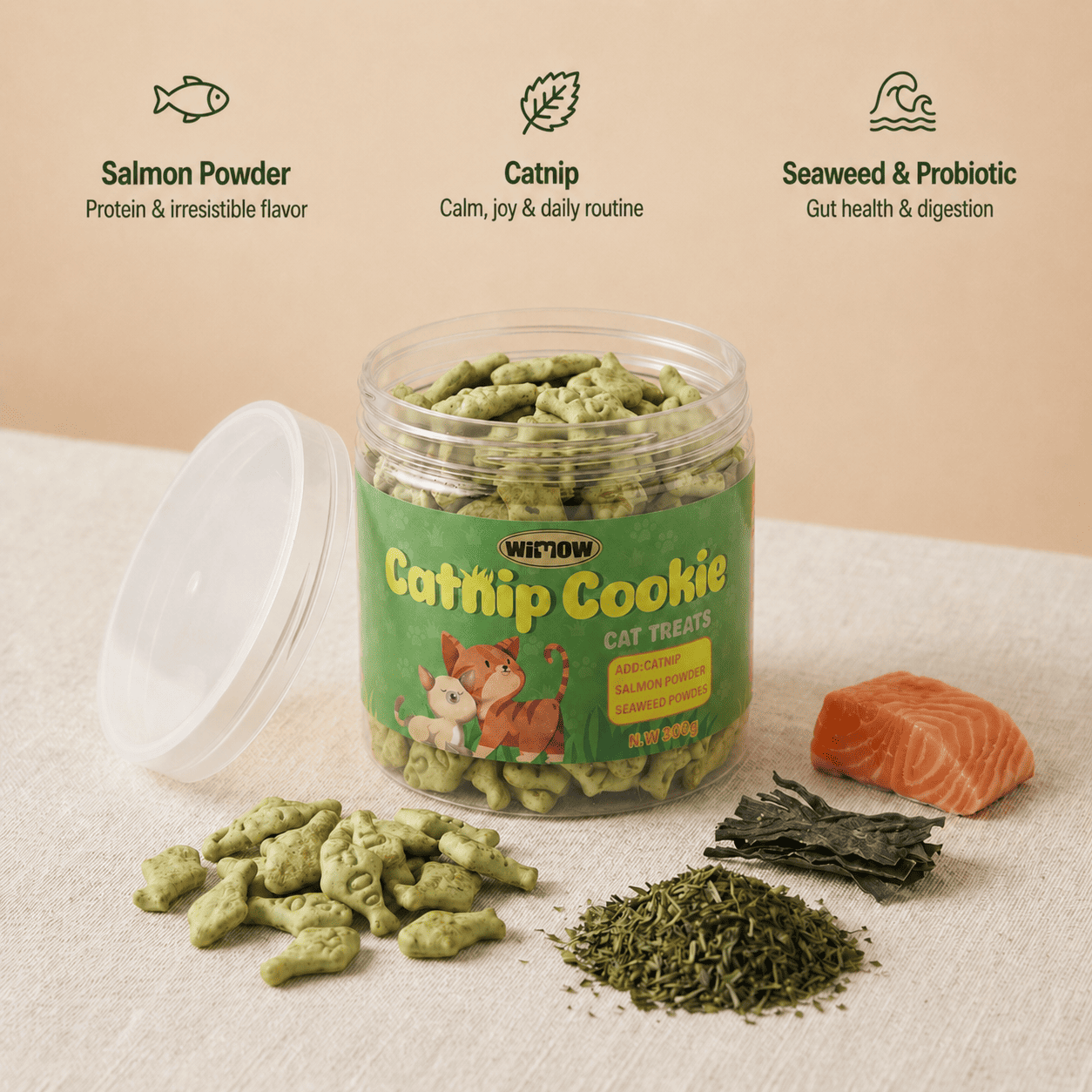 CalmiCat cat grass cookie jar with salmon, catnip, seaweed, and probiotics