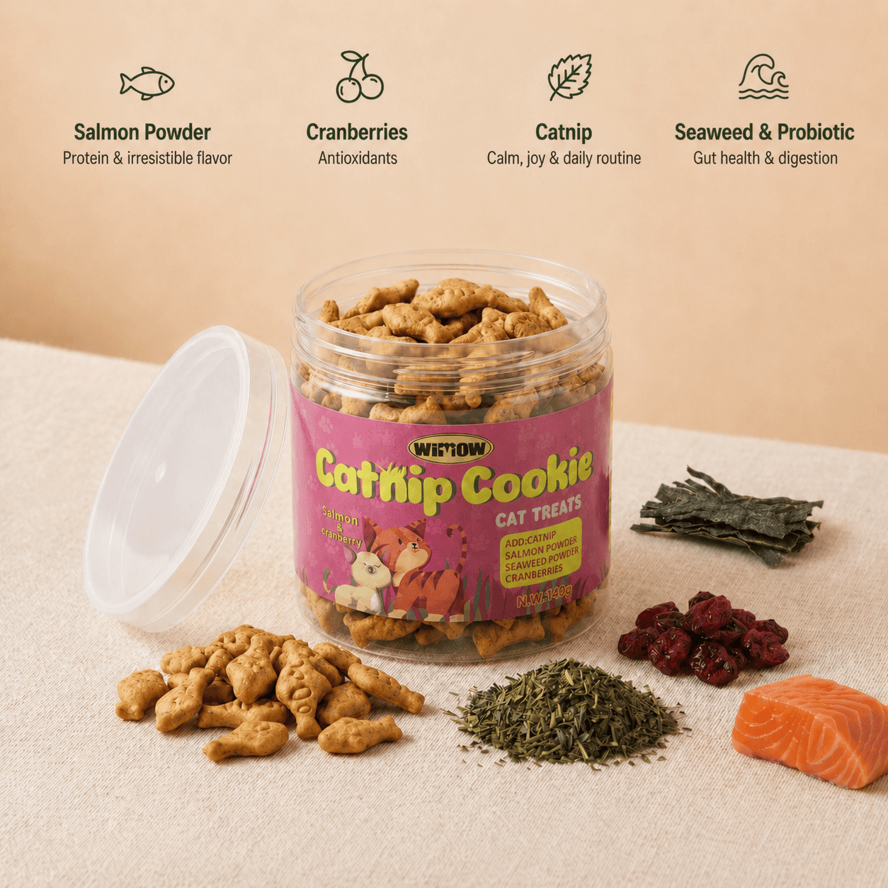 CalmiCat cranberru catnip cookie jar with salmon, catnip, seaweed, and probiotics