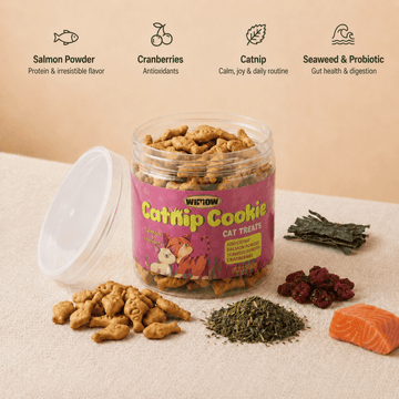 CalmiCat cranberru catnip cookie jar with salmon, catnip, seaweed, and probiotics