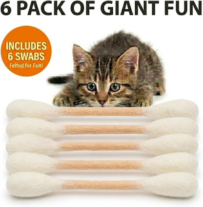 Kitty Q-Tips™ Giant Organic Catnip Swab Toy for Cats – 6-Pack | 6-Inch Interactive Cat Toy for Bored Indoor Cats, Chew & Play | 100% Natural New Zealand Wool Felt, Safe & Non-Toxic - CalmiCat™