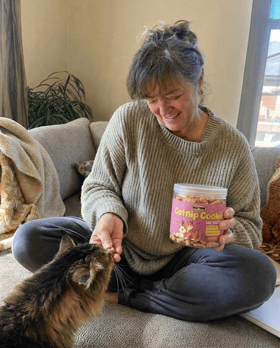 Person sitting on a couch with a cat and a container of catnip cookies.